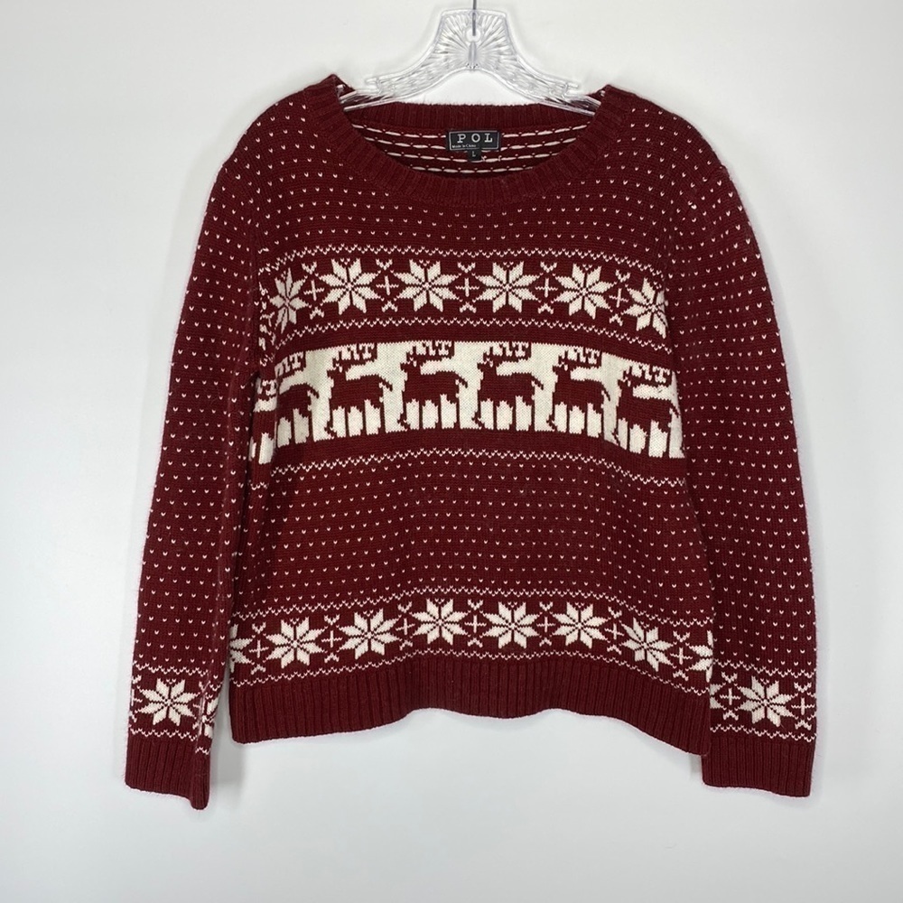 POL Christmas Reindeer Snowflakes Sweater Burgundy Size Large